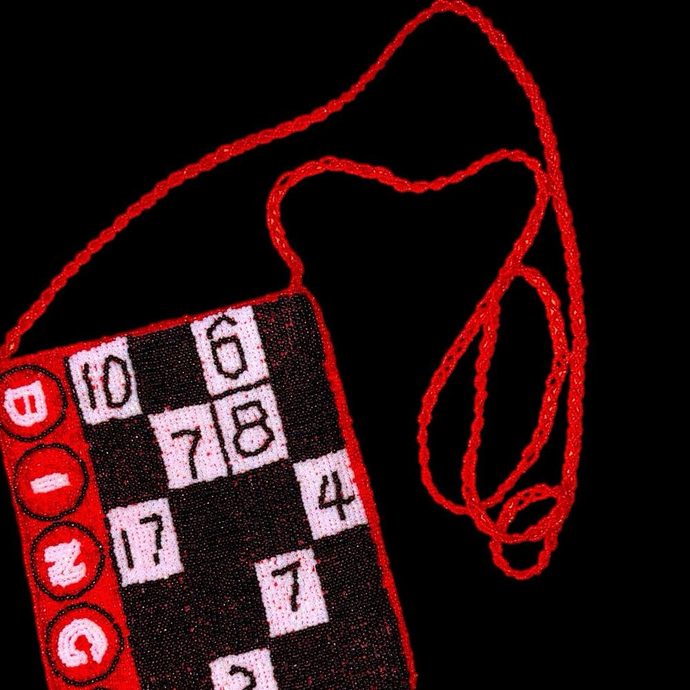 Handmade Seed Bead Bingo Crossbody Purse Red Black Zipper Novelty Bag